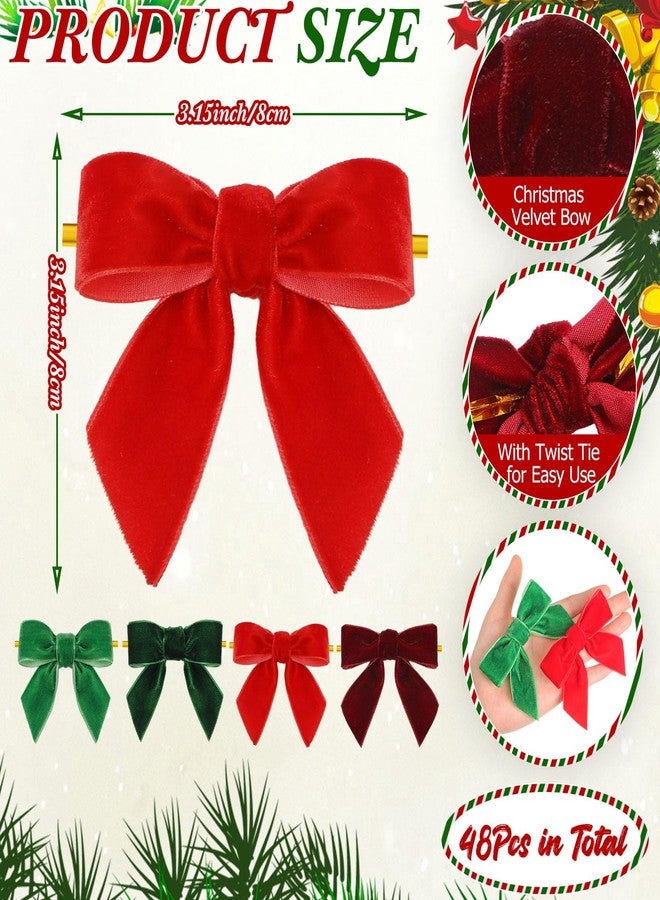 Daifunli 48 Pcs Christmas Velvet Bows 3.15" Rustic Wreath Gift Bows for Tree Pre Tied Bows Premade Gift Bows Velvet Ornament for Wreath Christmas Tree Gift Wrapping Winter Wedding(Red and Green) - Image 2